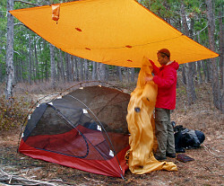 tent setup in the rain