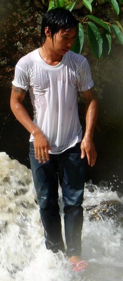 Wet T-shirt and jeans